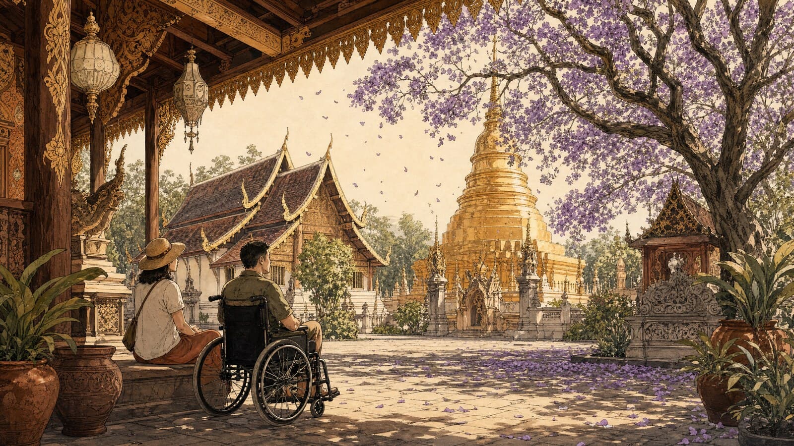 A warm Lanna-style illustration of a traveller in a wheelchair and a companion sharing the shade of golden temple eaves, a jacaranda tree scattering blossom over a flat stone courtyard