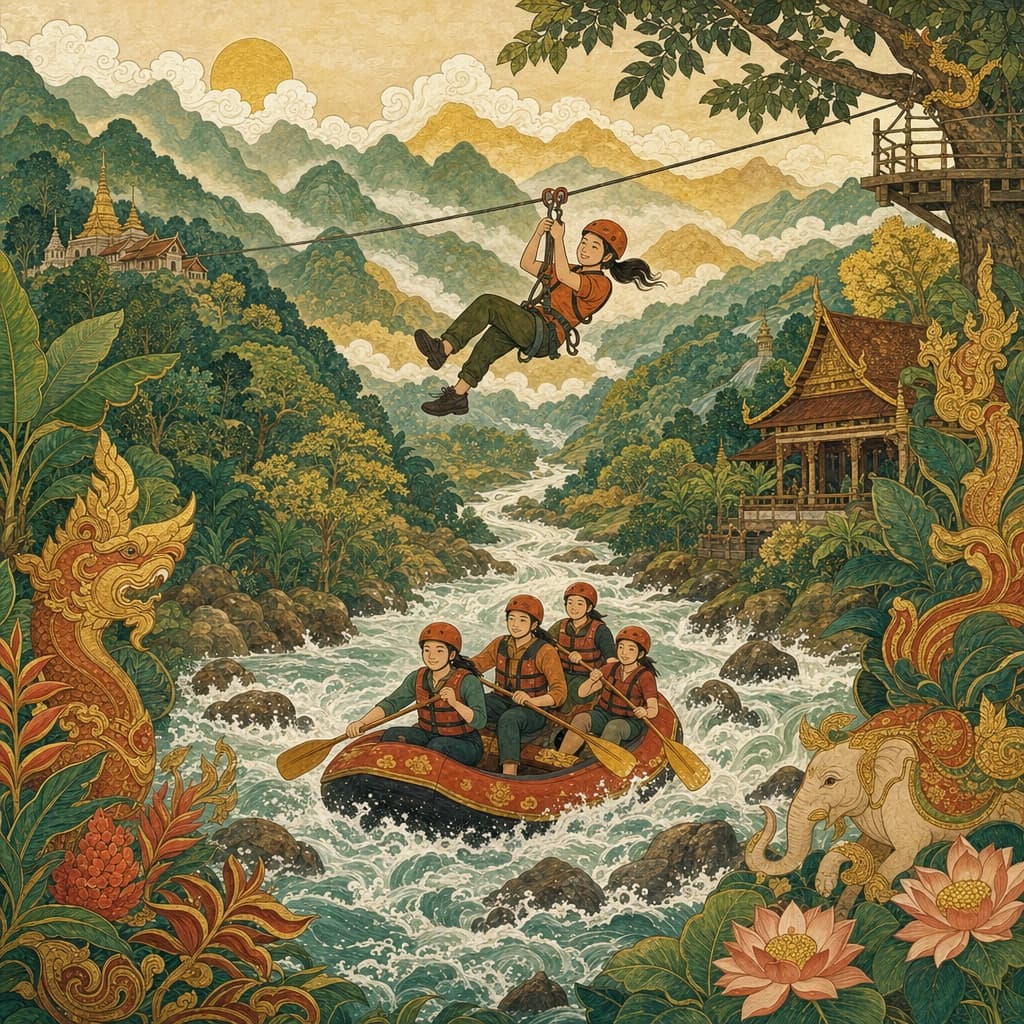 Lanna-style illustration of adventure in the hills — a zipline through jungle canopy, a white-water raft, and misty layered mountains