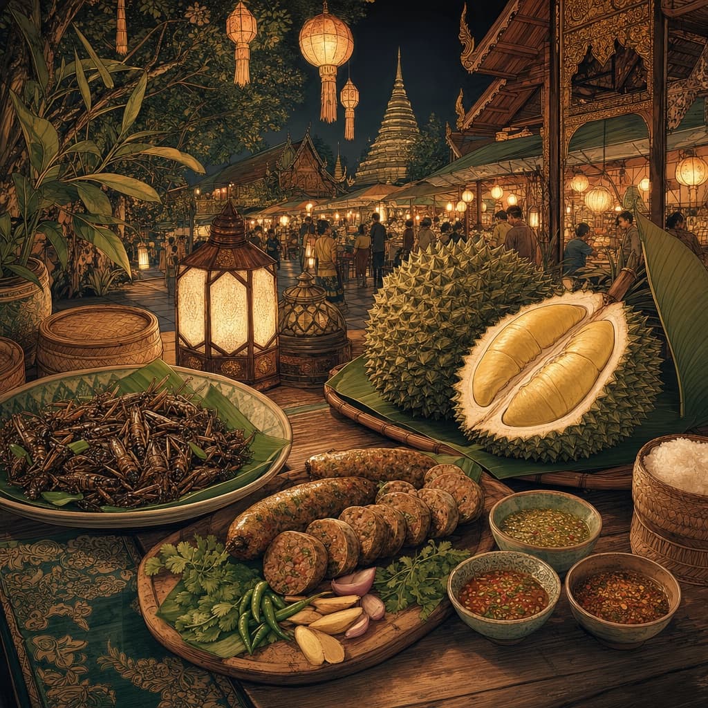 Lanna-style illustration of a Chiang Mai night-market table laid with fried crickets, herb sausage, chilli dips and a spiky durian under glowing paper lanterns.