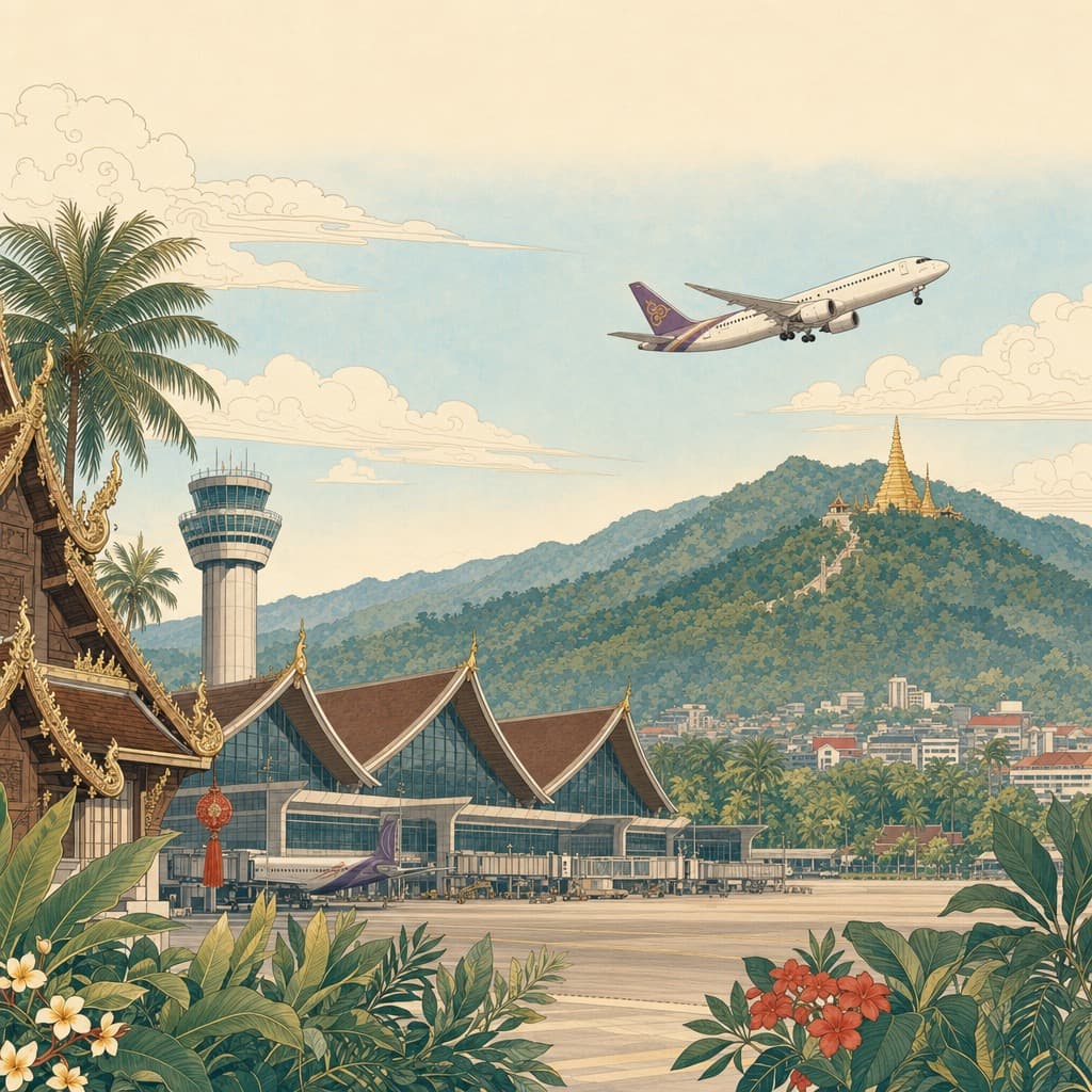 Lanna-style illustration of Chiang Mai International Airport with a small plane, Doi Suthep mountain behind and palm trees in warm evening light