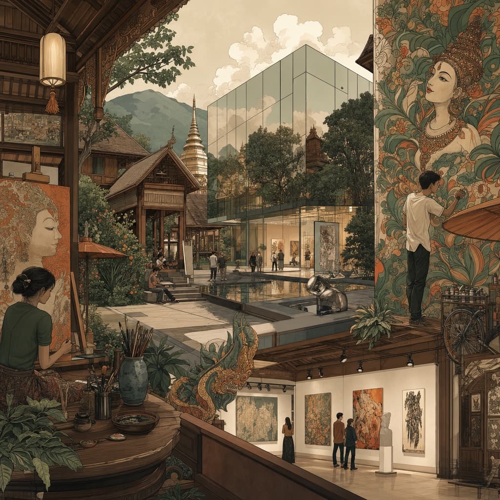 Lanna-meets-modern illustration of Chiang Mai's art scene — a mirrored contemporary museum, wooden village studios, gallery walls and colourful street murals