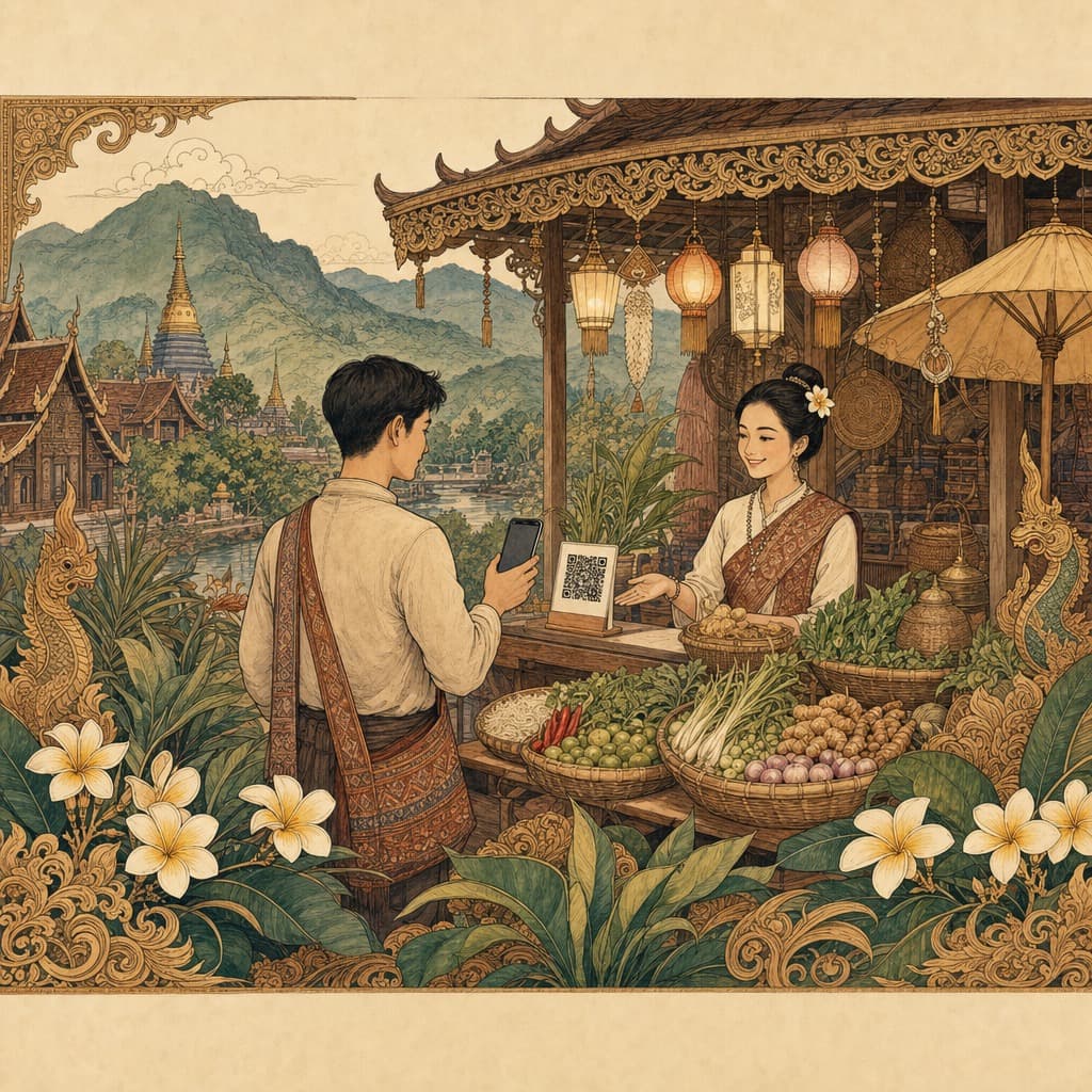 Lanna-style illustration of a Chiang Mai market stall where a customer pays by phone QR, a smiling vendor and baskets of produce under warm lantern light