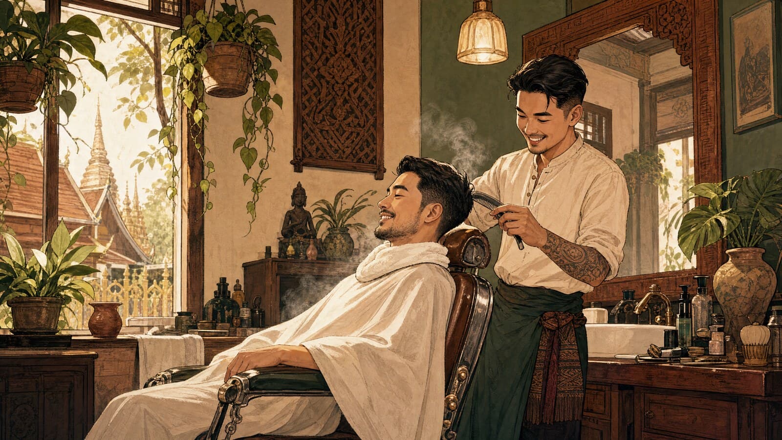 A warm Lanna-style illustration of a cheerful barber giving a customer a trim in a cosy Chiang Mai barbershop, with a steaming hot towel, a vintage chair and hanging plants by the window
