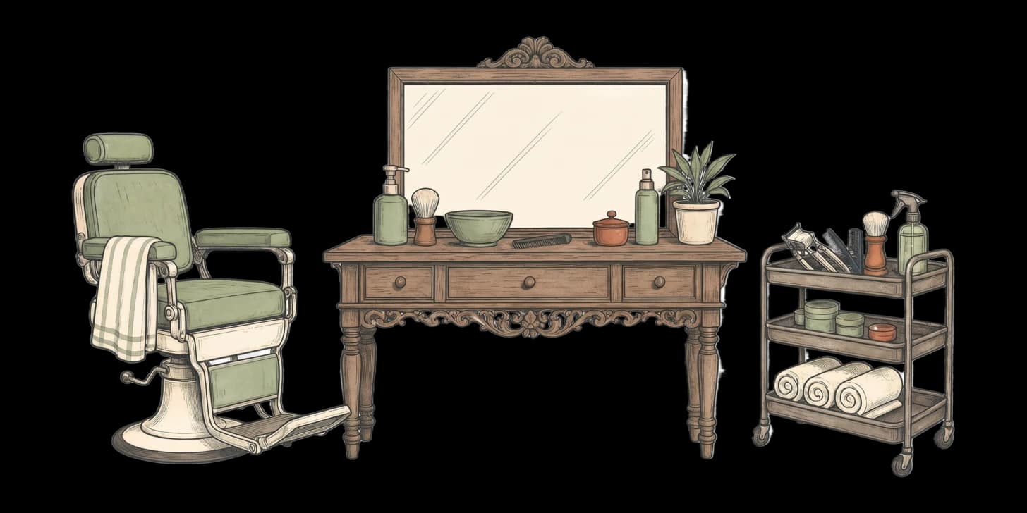 Una barbería tailandesa tradicional de barrio con sillón de vinilo y poste de barbero giratorio