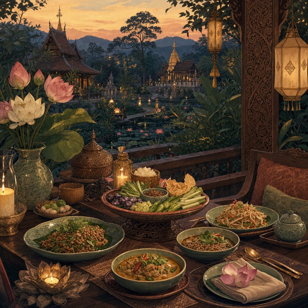 ภาพวาดสไตล์ล้านนาของบรรยากาศร้านอาหารหรูในเชียงใหม่ — โต๊ะไม้สักจุดเทียนพร้อมอาหารเหนือที่ประณีต ดอกบัวและโคมไฟในสวนยามเย็น