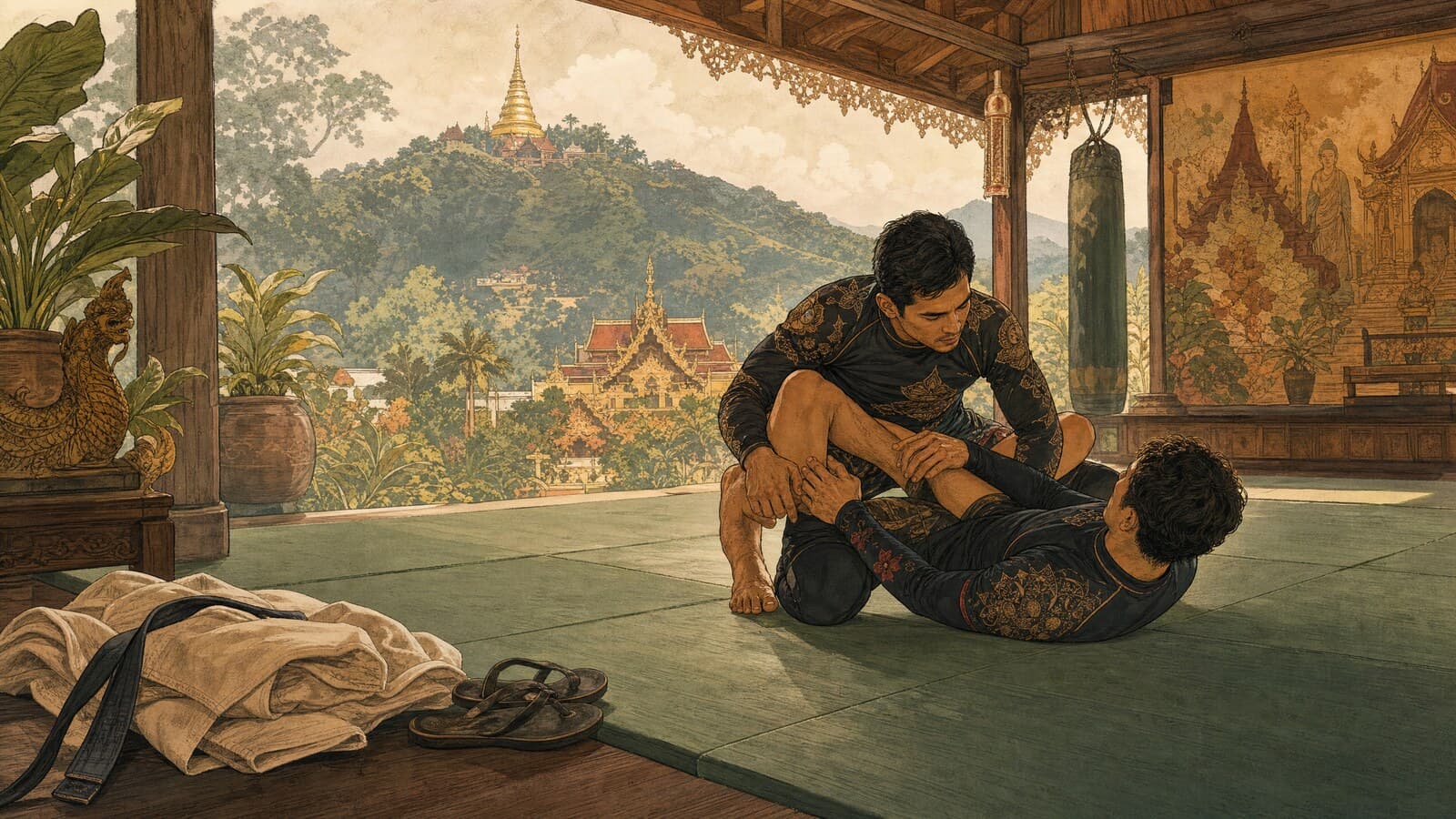 A warm Lanna-style illustration of two grapplers rolling on soft mats in an open-sided gym, a folded gi and flip-flops at the edge of the mat and Doi Suthep rising in the distance
