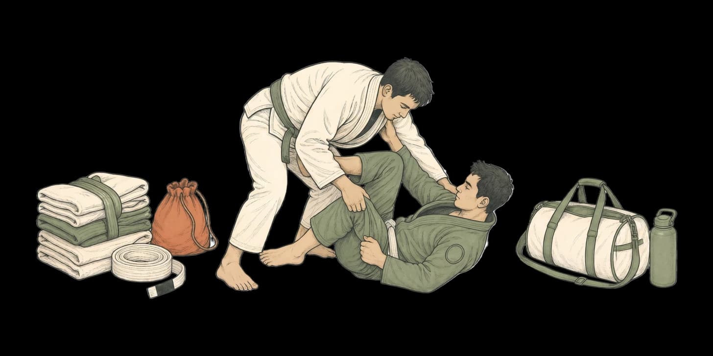Ilustración de una bolsa de gimnasio abierta con un gi blanco doblado, una rashguard, chanclas y una botella de agua