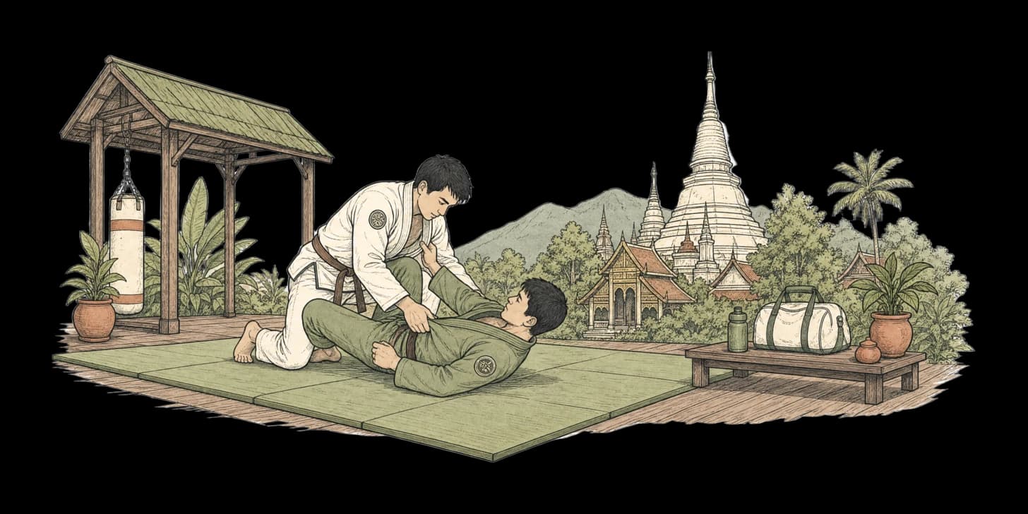 Ilustración de dos luchadores practicando jiu-jitsu en tatamis mientras un entrenador cinturón negro observa