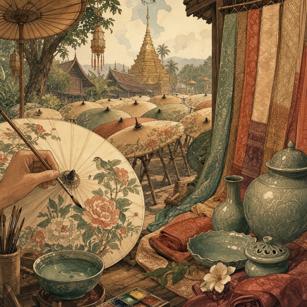 Lanna-style illustration of Bo Sang's hand-painted paper umbrellas drying in rows, with a painter's brush, silk and celadon along the San Kamphaeng road