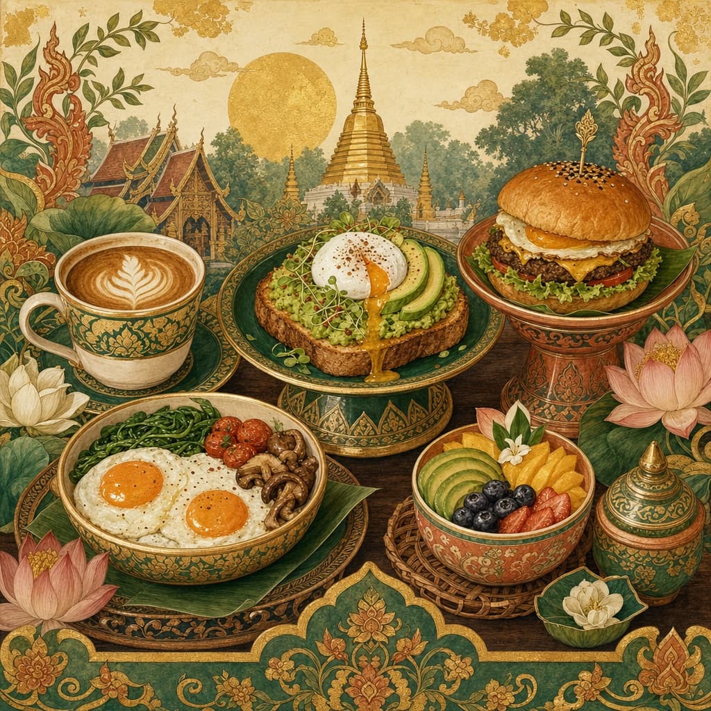 Lanna-style illustration of a Western brunch spread — eggs, avocado toast, burger and good coffee — with a Chiang Mai twist
