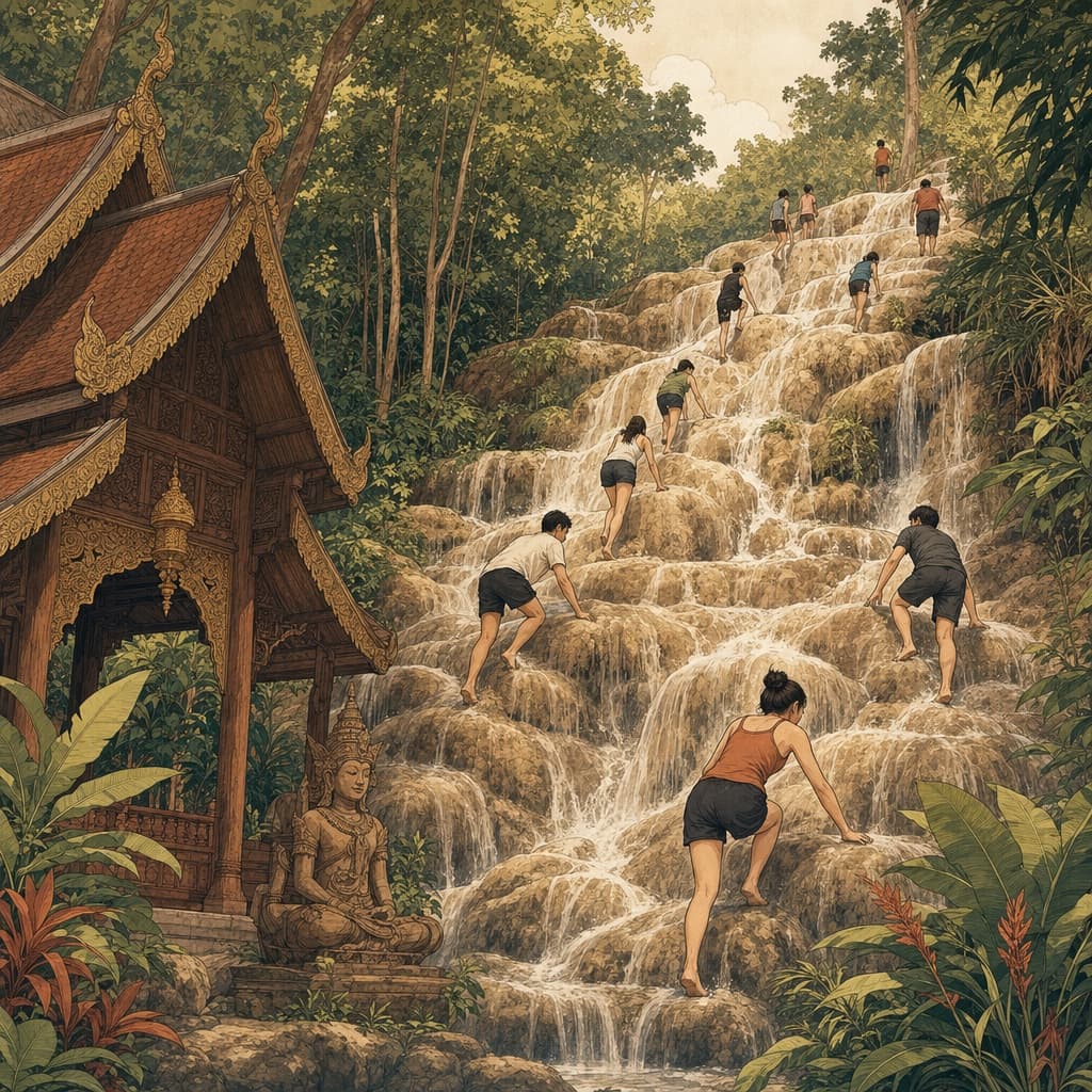 A warm Lanna-style illustration of people climbing the tiered limestone Sticky Waterfalls in a forest near Chiang Mai.