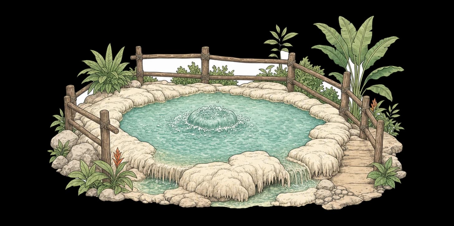 A Lanna-style illustration of the forested Bua Tong Sticky Waterfalls and its bubbling spring