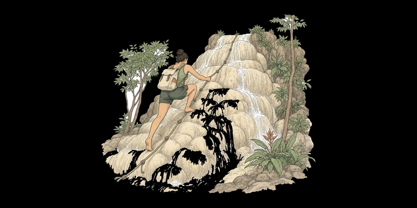 A Lanna-style illustration of people climbing the tiered limestone Bua Tong Sticky Waterfalls in the forest