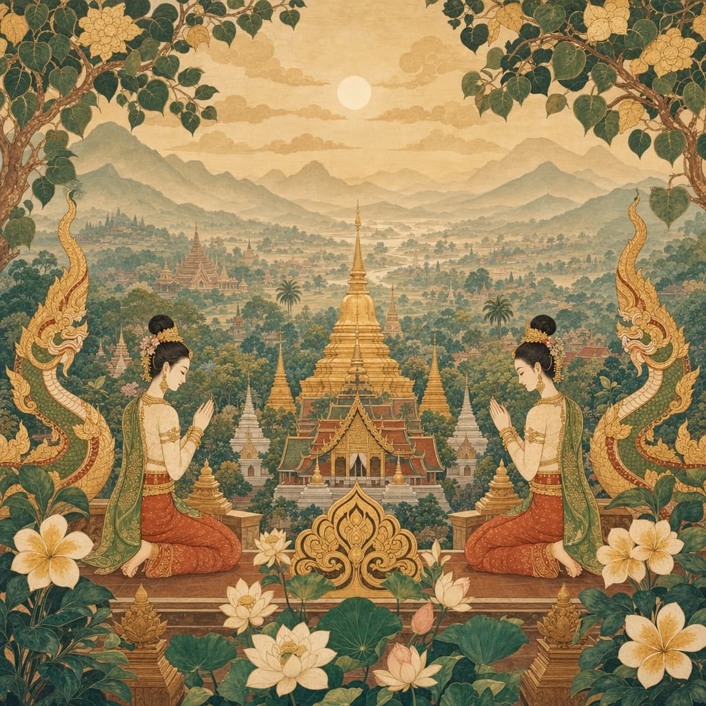 Lanna-style illustration of a pale sun dimmed behind soft haze over the Chiang Mai valley, mountains fading into a smoky horizon