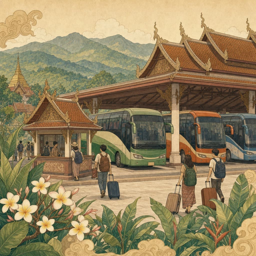 Lanna-style illustration of Chiang Mai's Arcade bus terminal with colourful long-distance coaches, travellers and green mountains behind