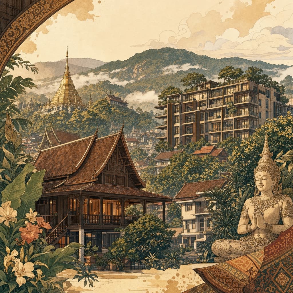 A warm Lanna-style illustration of a teak home and a modern condominium nestled among Chiang Mai's misty Doi Suthep hills