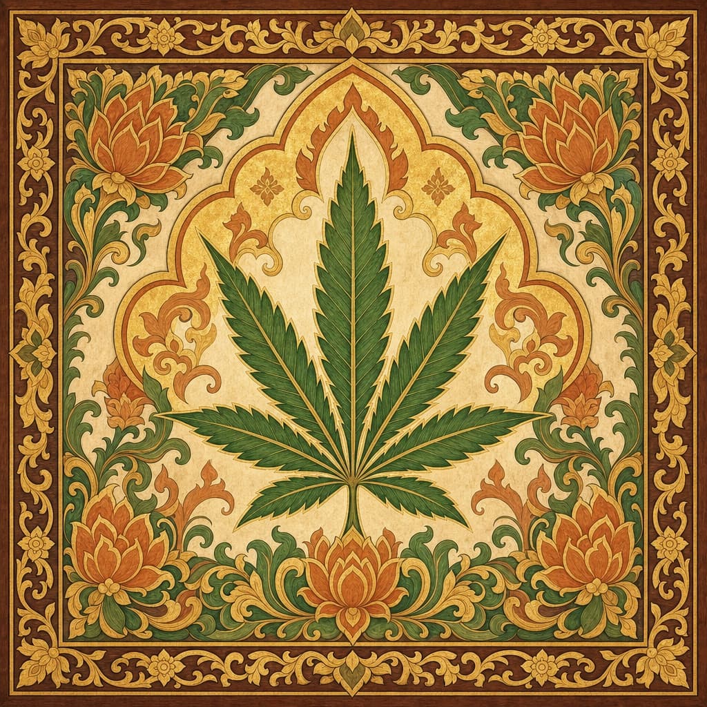 Lanna-style illustration of a single cannabis leaf motif woven into traditional Northern Thai ornament, no people