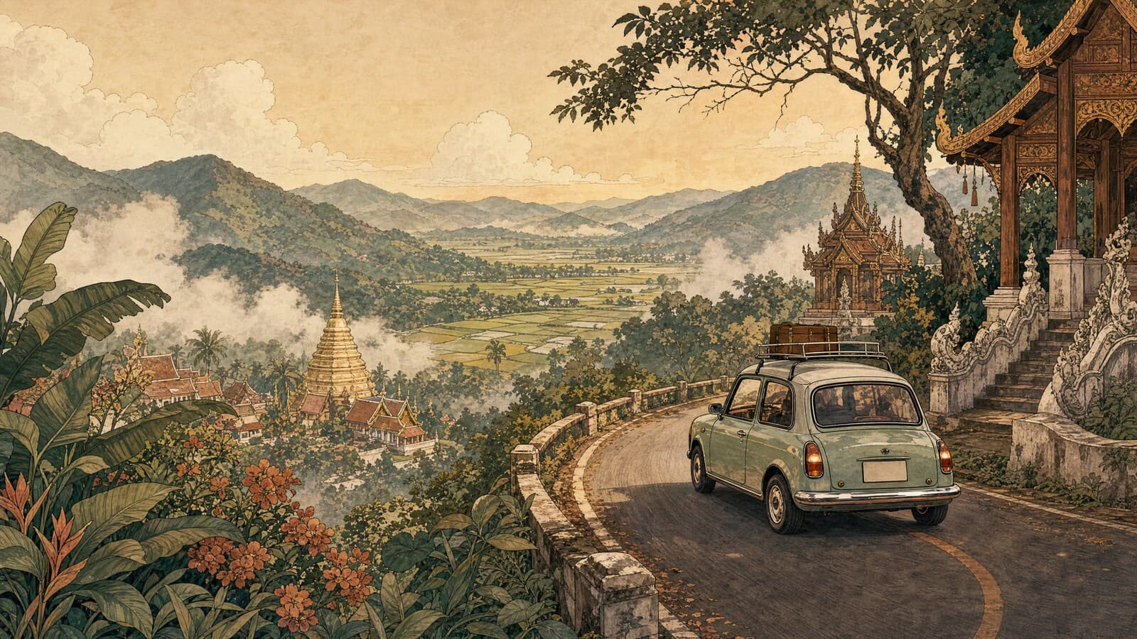 A warm Lanna-style illustration of a compact car winding up a misty mountain road above Chiang Mai, with temple rooftops and rice fields in the valley below