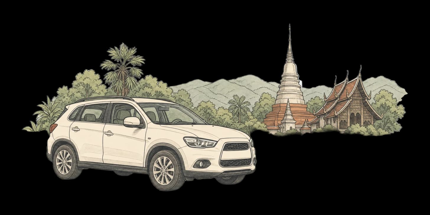 Une famille chargeant des sacs de jour dans une petite voiture de location devant une guesthouse de Chiang Mai