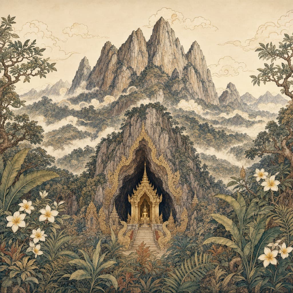 Lanna-style illustration of the jagged limestone peak of Doi Luang Chiang Dao rising over misty forest with a cave-temple entrance at its foot