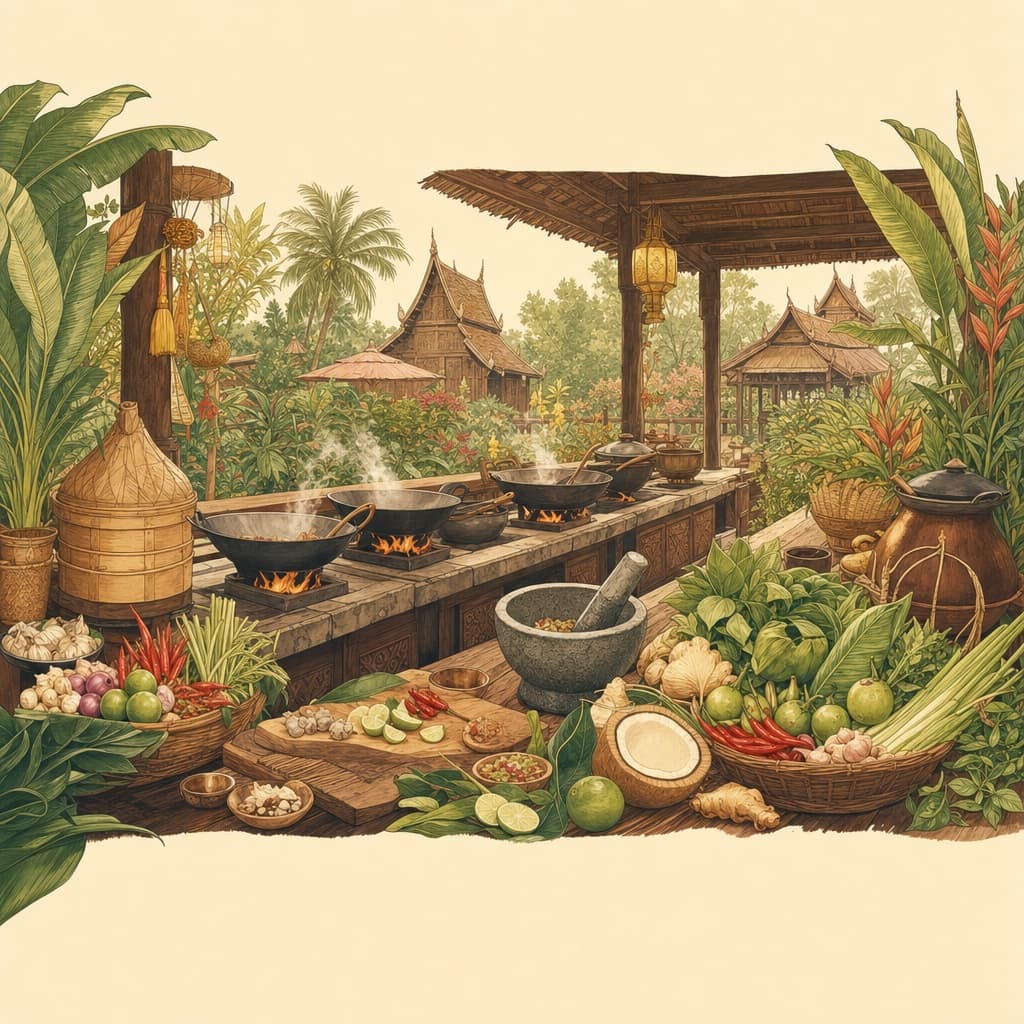 Lanna-style illustration of a Thai cooking class in Chiang Mai with woks over flames, fresh market vegetables, herbs and a mortar and pestle