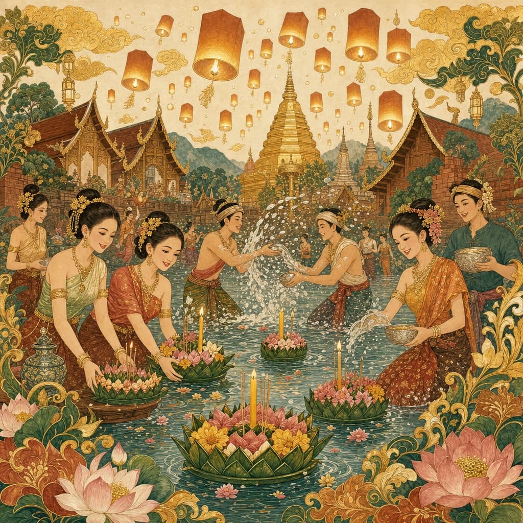 Lanna-style illustration of Chiang Mai festivals — floating lanterns, water splashing and flower floats