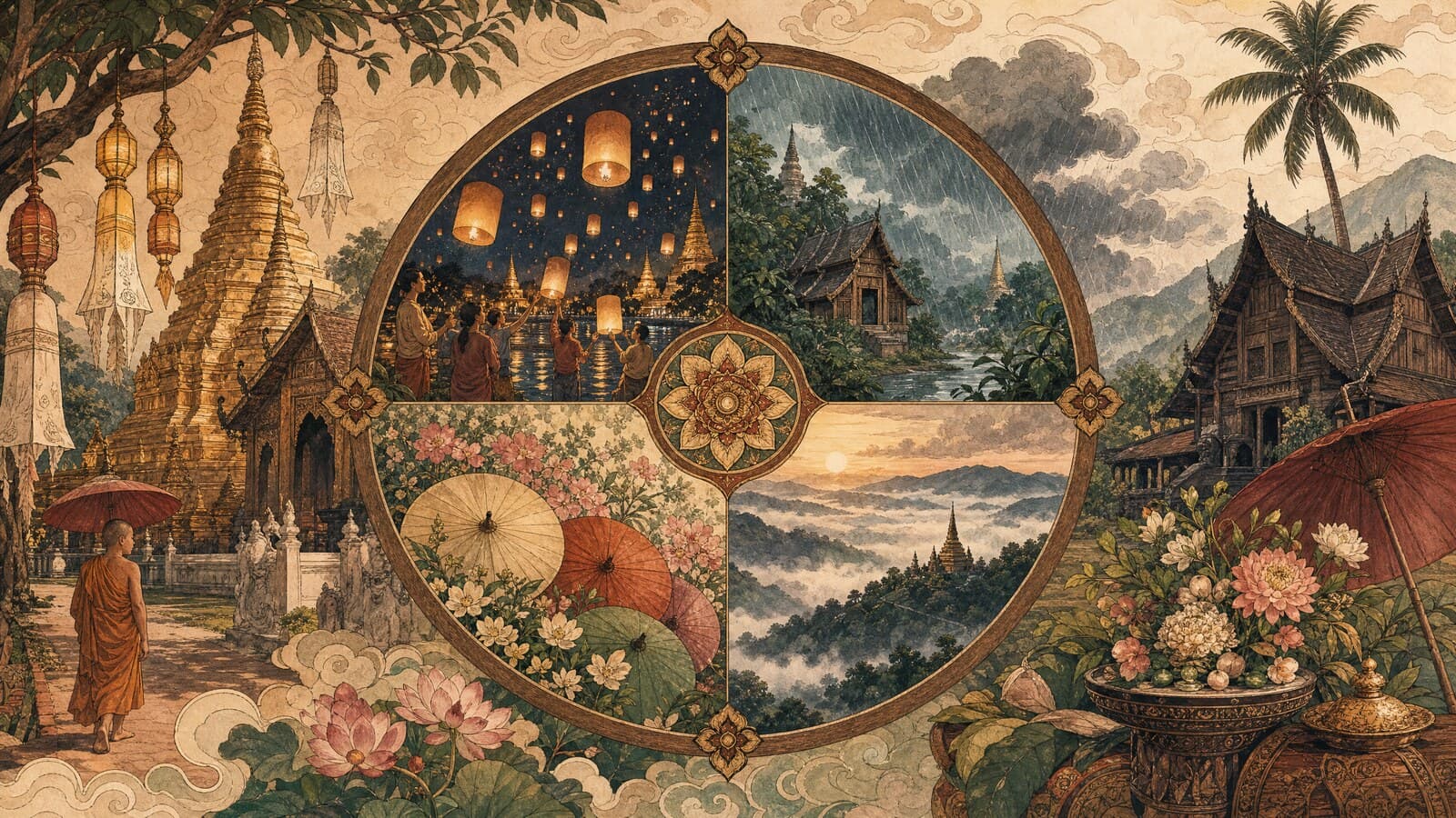 A warm Lanna-style illustration of a circular seasonal wheel of Chiang Mai moments — floating lanterns, monsoon rain, paper umbrellas in bloom and misty mountain mornings