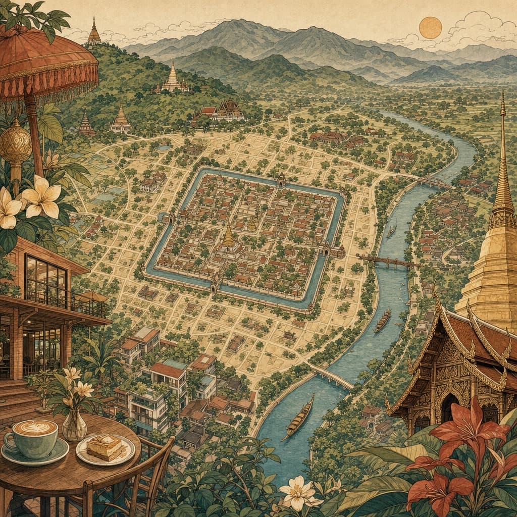 A warm Lanna-style illustration of a hand-drawn map of Chiang Mai, with the moated Old City, Nimman's cafés, the Ping River and the mountains picked out in soft golden tones.