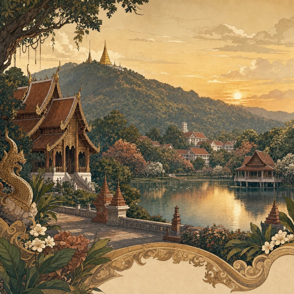 Lanna-style illustration of the Chiang Mai University campus and Ang Kaew reservoir at sunset, with Doi Suthep rising behind the trees