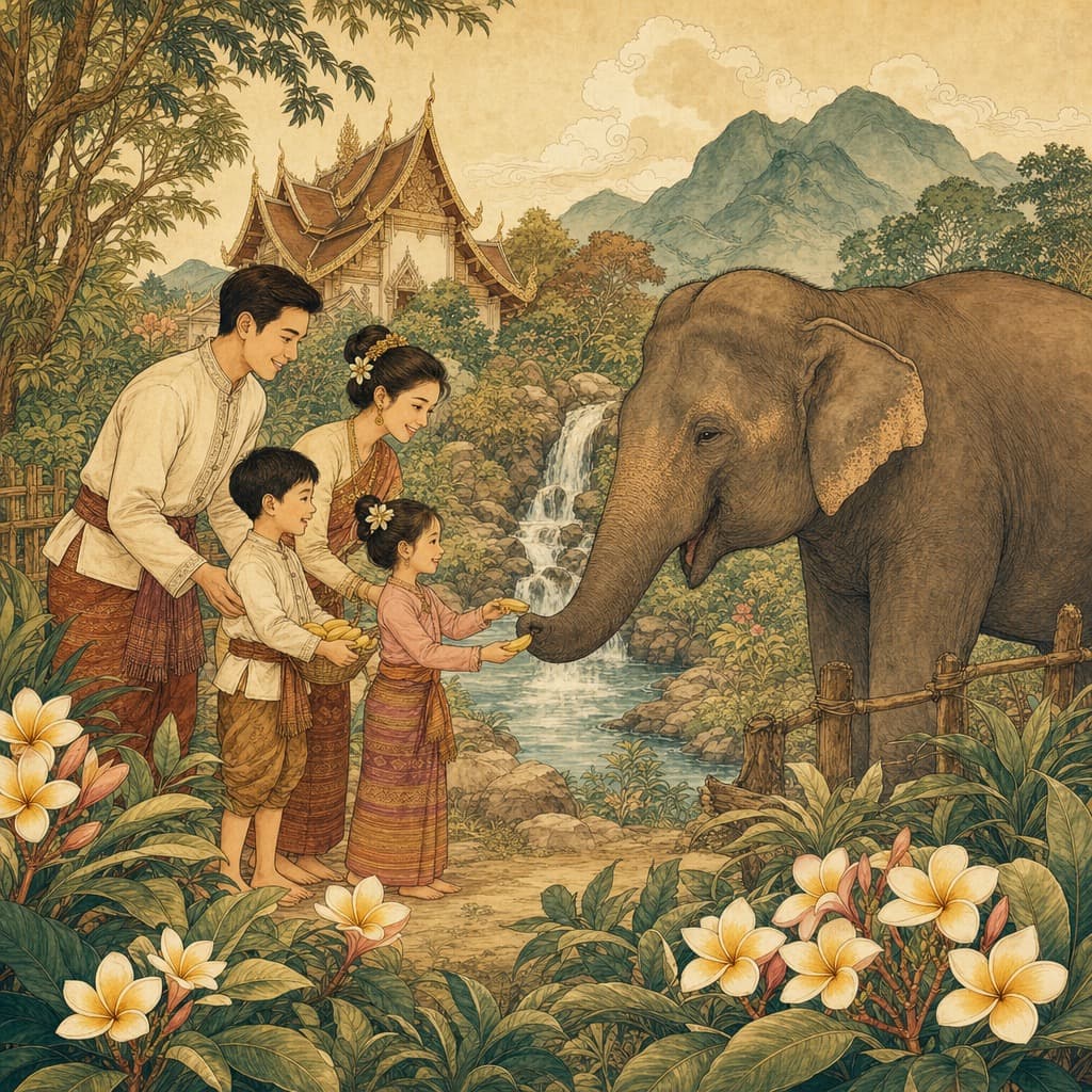 Lanna-style illustration of a family gently feeding bananas to a calm elephant at an ethical sanctuary, with a waterfall, jungle and a temple behind