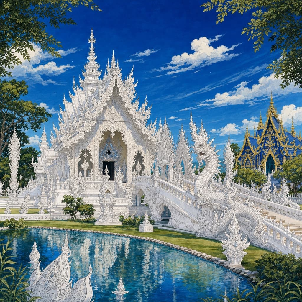 Lanna-style illustration of the White Temple (Wat Rong Khun) in Chiang Rai, an ornate all-white temple and naga bridge against a deep blue sky