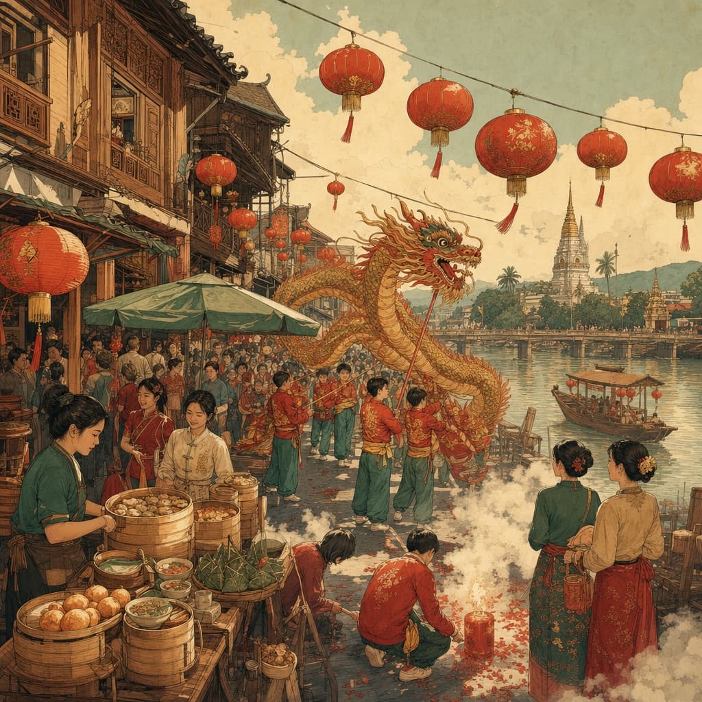 Lanna-meets-Chinese illustration of Chinese New Year at Warorot — red lanterns strung over Kad Luang, a golden dragon dancing past riverside shophouses, food stalls and firecracker smoke by the Ping