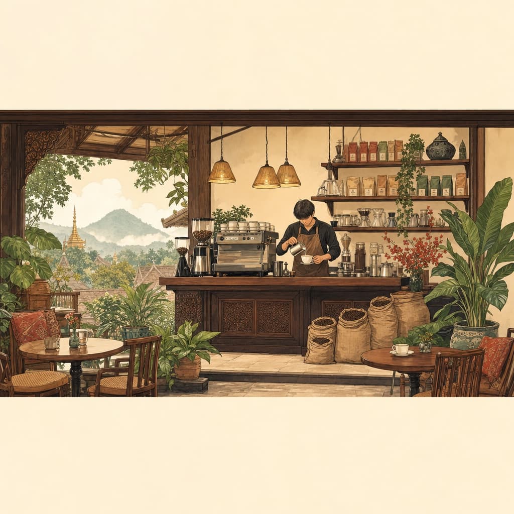 Lanna-style illustration of a cosy specialty coffee shop in Nimman, Chiang Mai, with a barista pouring latte art and sacks of hill-tribe beans