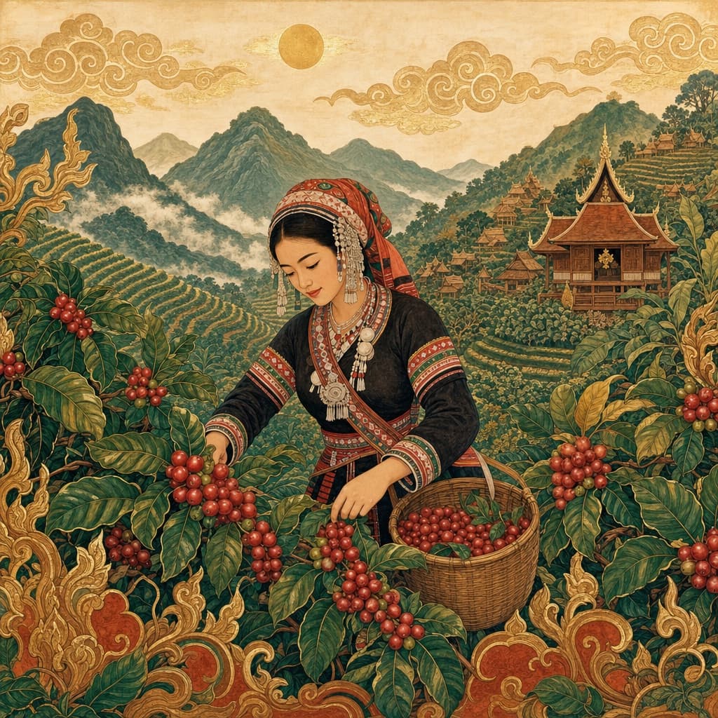 Lanna-style illustration of a mountain coffee farm — red coffee cherries, terraced hills, a hill-tribe grower