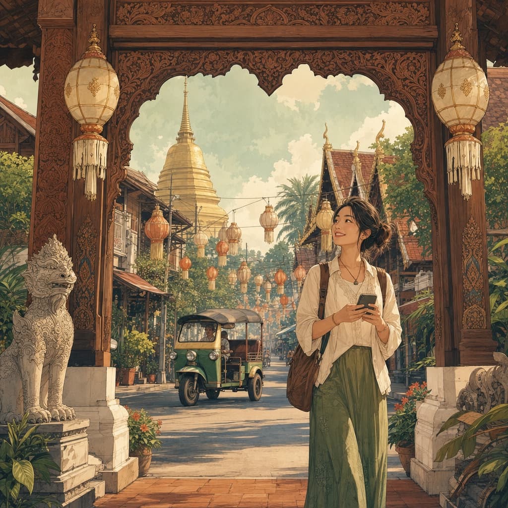 Lanna-style illustration of a savvy traveller smiling under a temple gate in Chiang Mai's old city, holding a phone, with a tuk-tuk and lantern-lit street behind