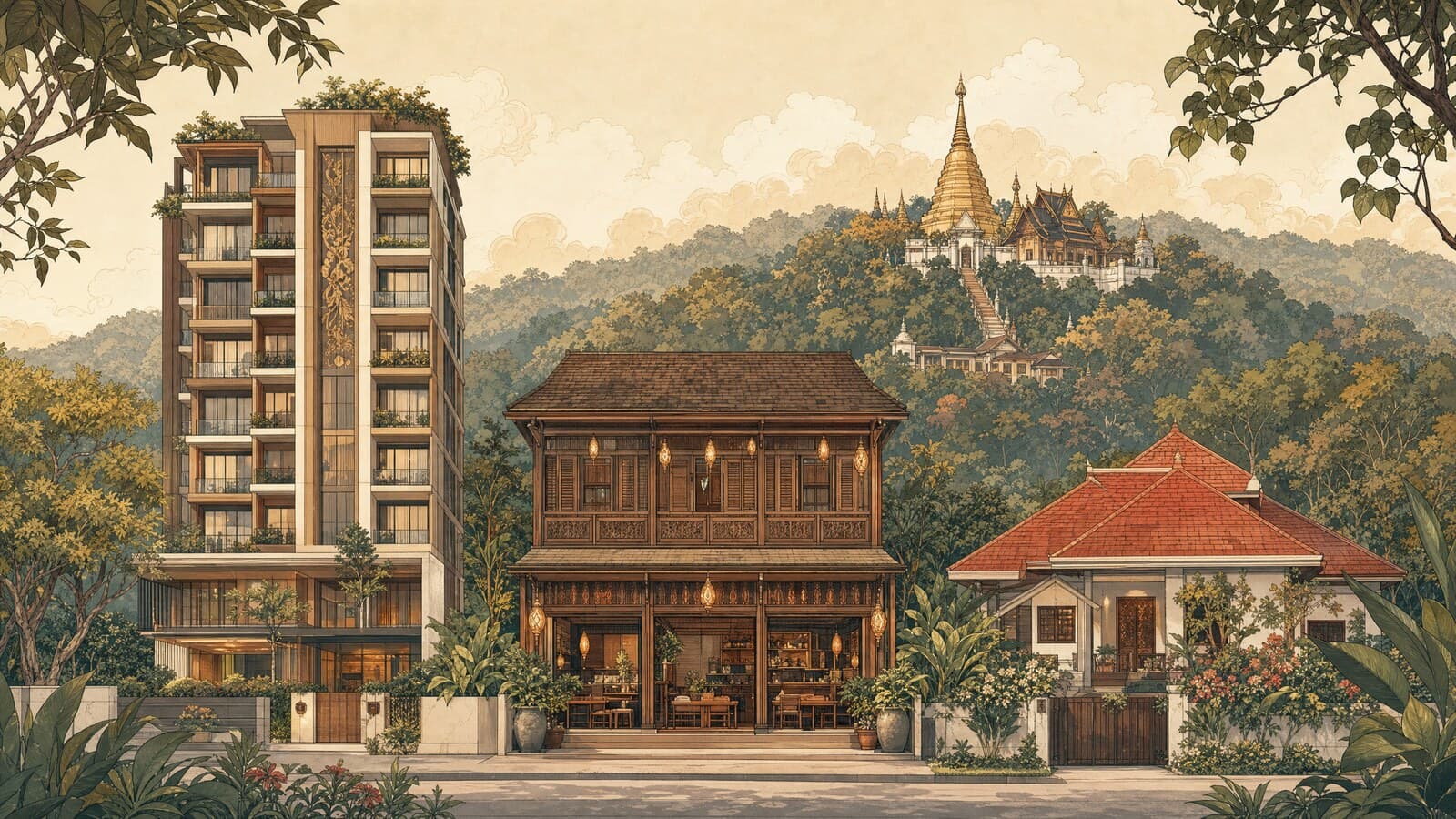 A warm Lanna-style illustration of a modern condo tower, a wooden shophouse and a garden house with a red roof side by side beneath Doi Suthep