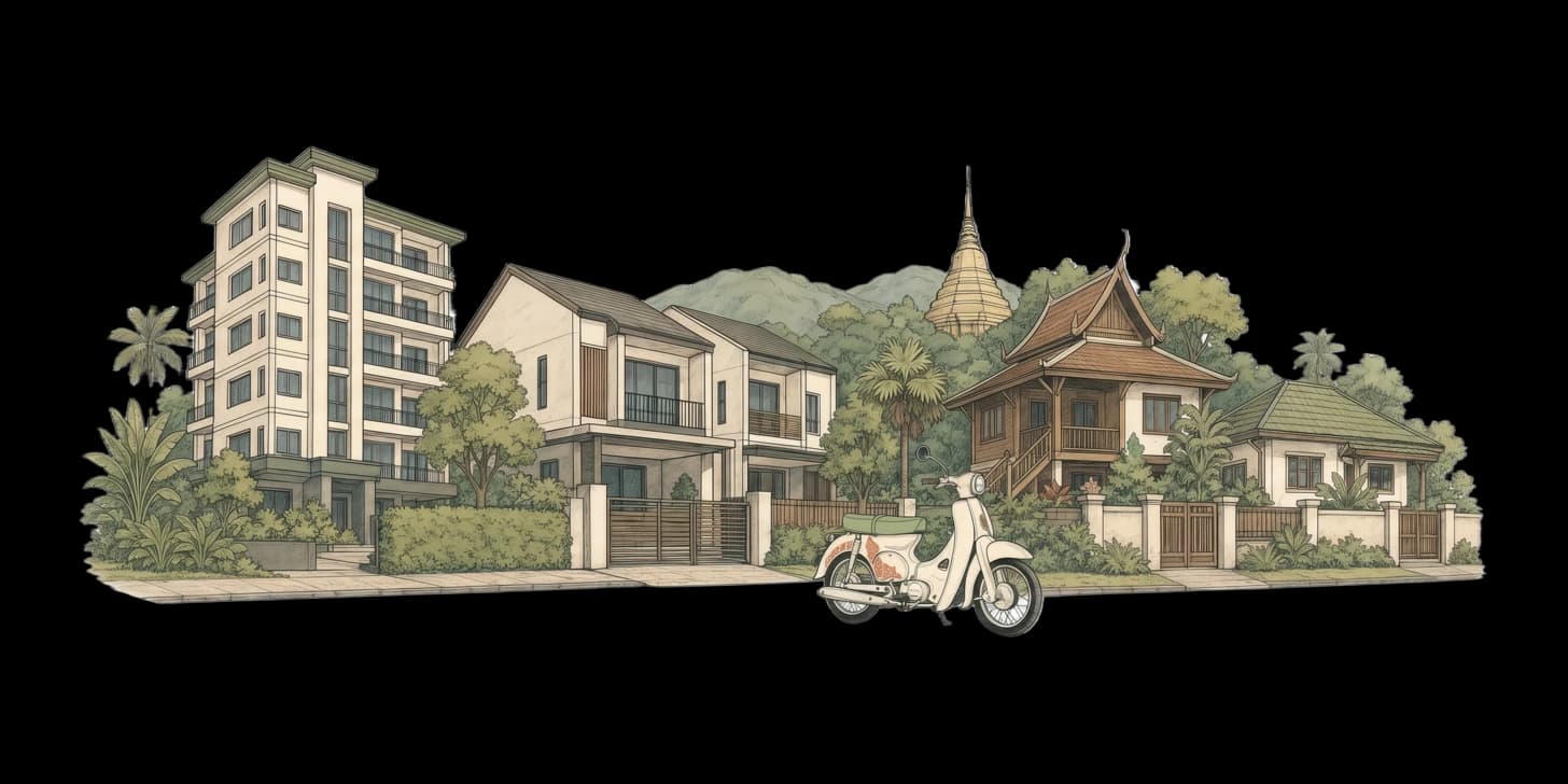 Ein modernes Condo-Hochhaus neben einer Reihe traditioneller Holz-Shophouses in einer Straße in Chiang Mai