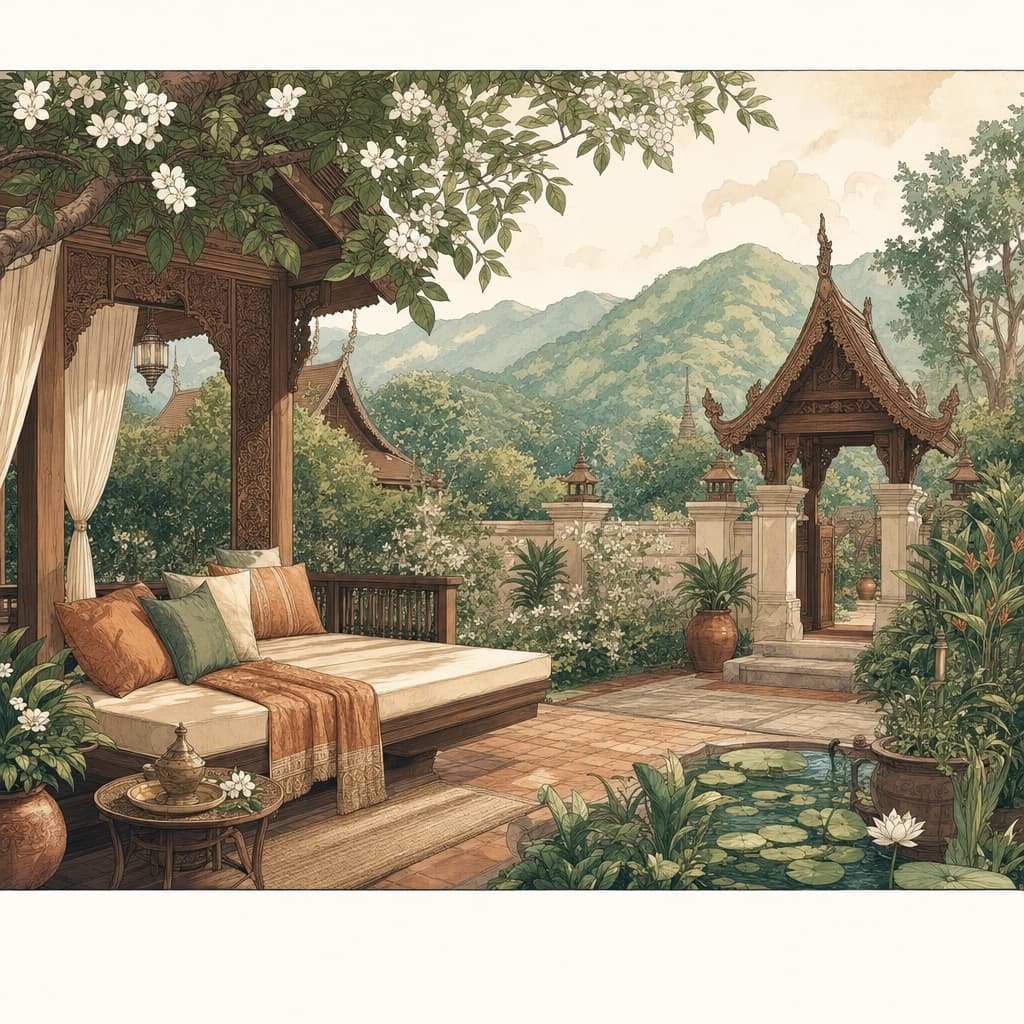 Lanna-style illustration of a serene garden courtyard with teak woodwork, soft jasmine, a resting daybed and green mountains beyond, evoking quiet recovery