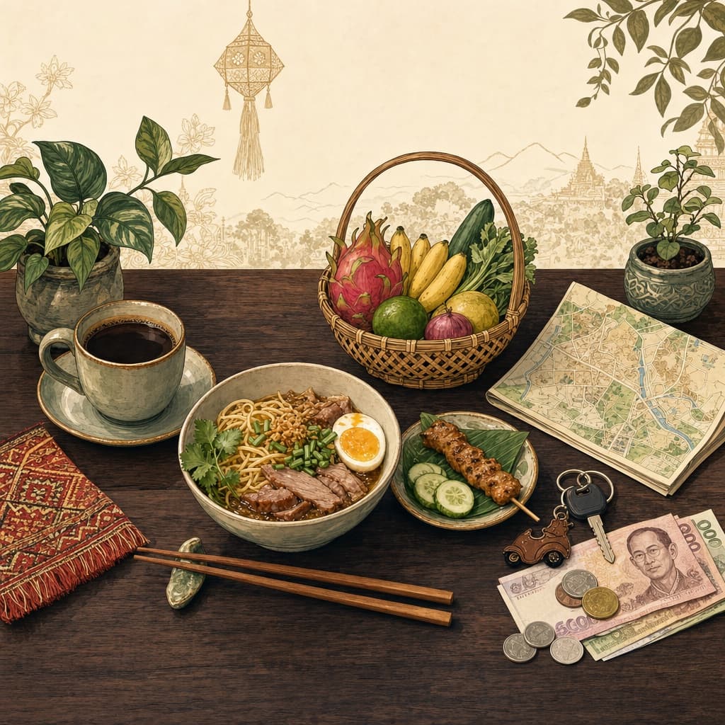 Lanna-style illustration of a Chiang Mai everyday-life flat lay — coffee, street food, a market basket, a scooter key and a few Thai baht notes on a teak table
