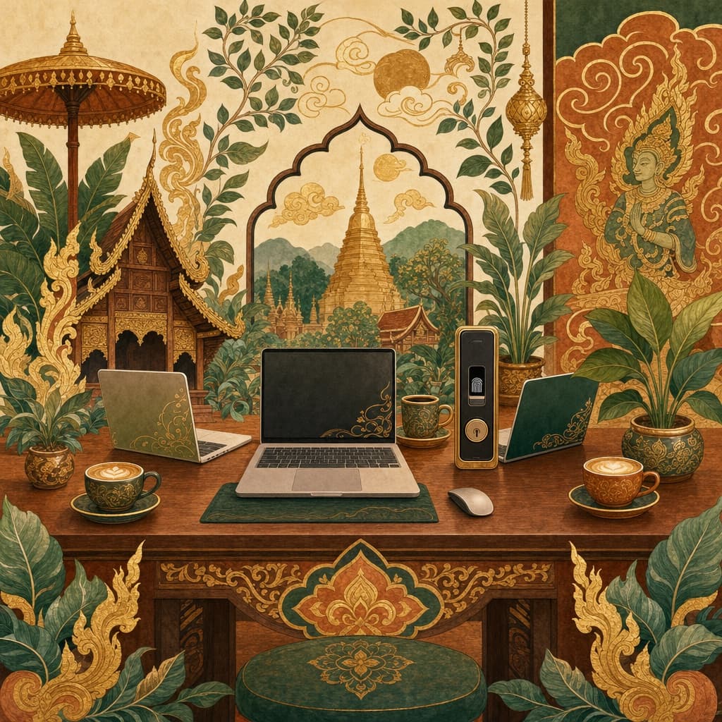 Lanna-style illustration of laptops, coffee cups and a fingerprint door lock arranged around a teak coworking desk