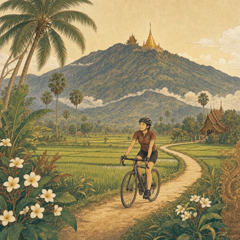 Lanna-style illustration of a helmeted cyclist riding a country lane between green rice paddies with Doi Suthep mountain and a golden temple behind
