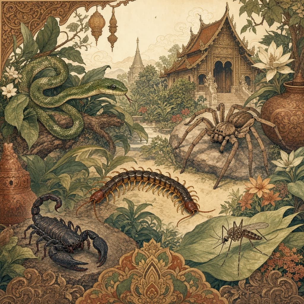 A gentle, non-frightening Lanna-style illustration of a Chiang Mai garden showing the region's creatures arranged like a friendly field guide: a green snake, a centipede, a scorpion, a huntsman spider and a mosquito.