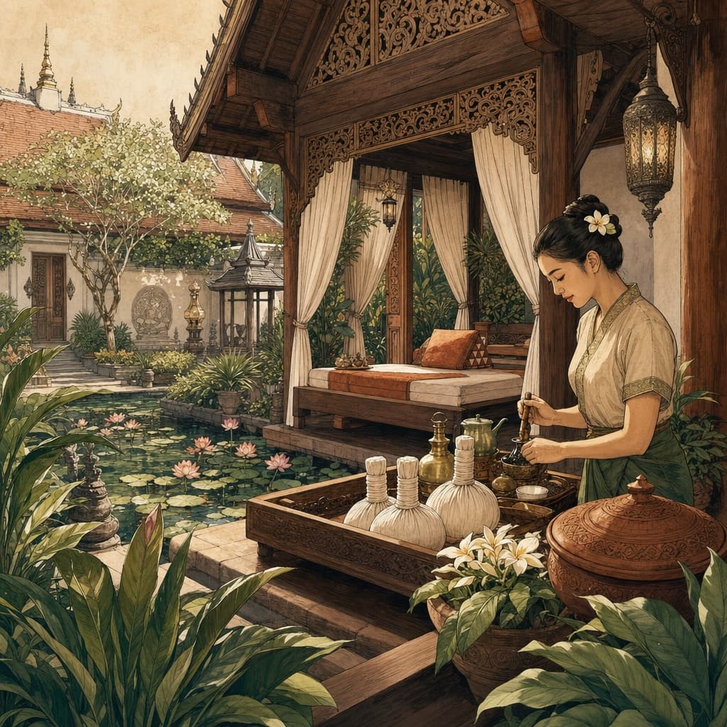 A warm Lanna-style illustration of a serene Chiang Mai spa courtyard with a teak salah, lotus pond, herbal compress balls and a therapist preparing oils.
