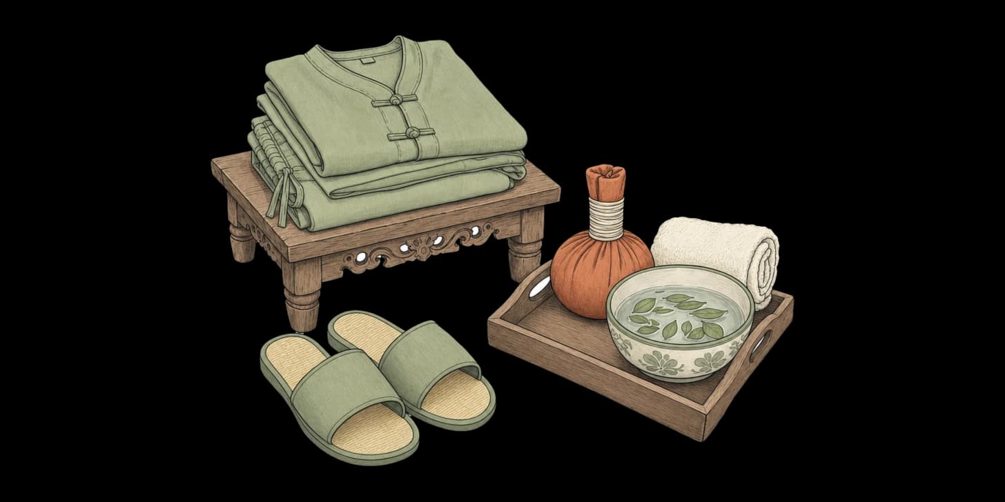 A Lanna-style illustration of a Chiang Mai massage and spa scene