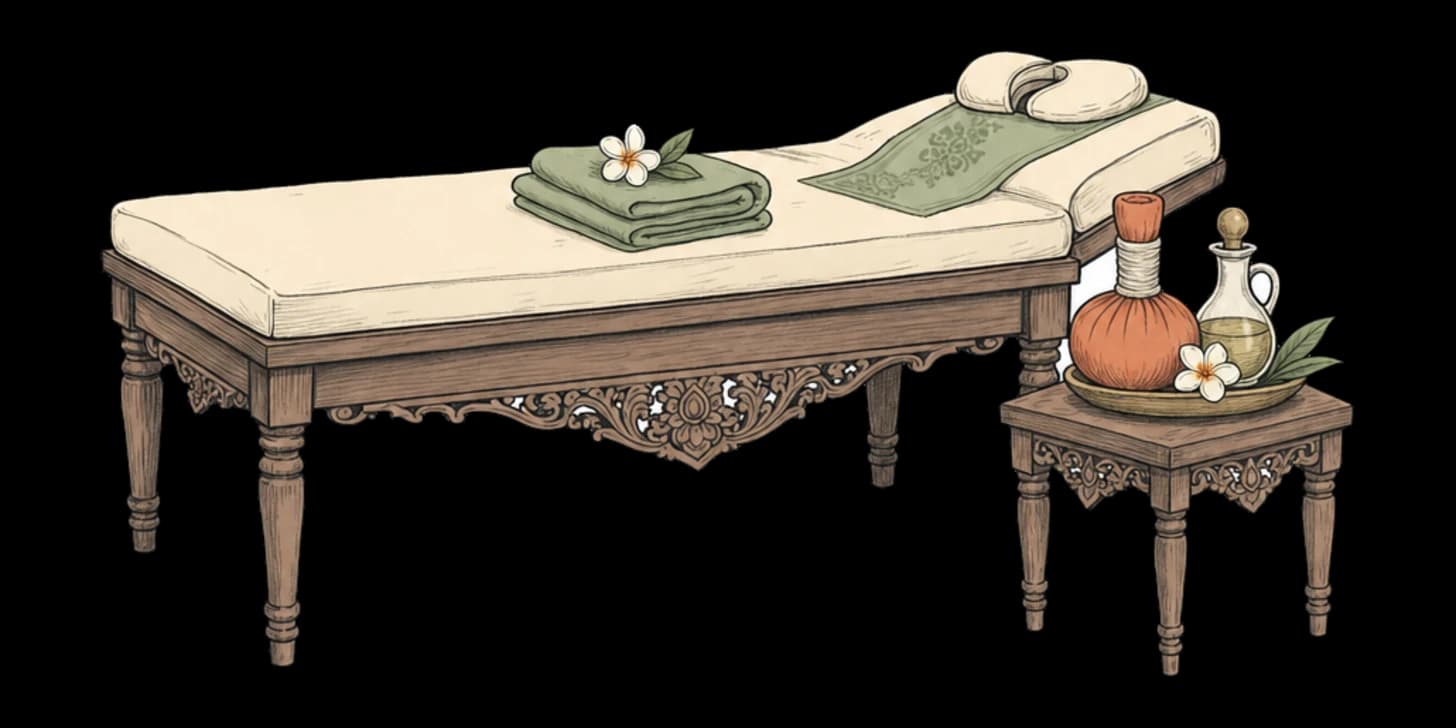 A Lanna-style illustration of a serene Chiang Mai spa with herbal compress balls, oils and a massage mat