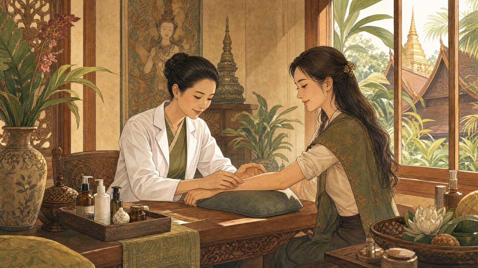 A warm Lanna-style illustration of a calm skin clinic consultation, a doctor gently examining a patient's arm beside a window with soft morning light and tropical foliage outside
