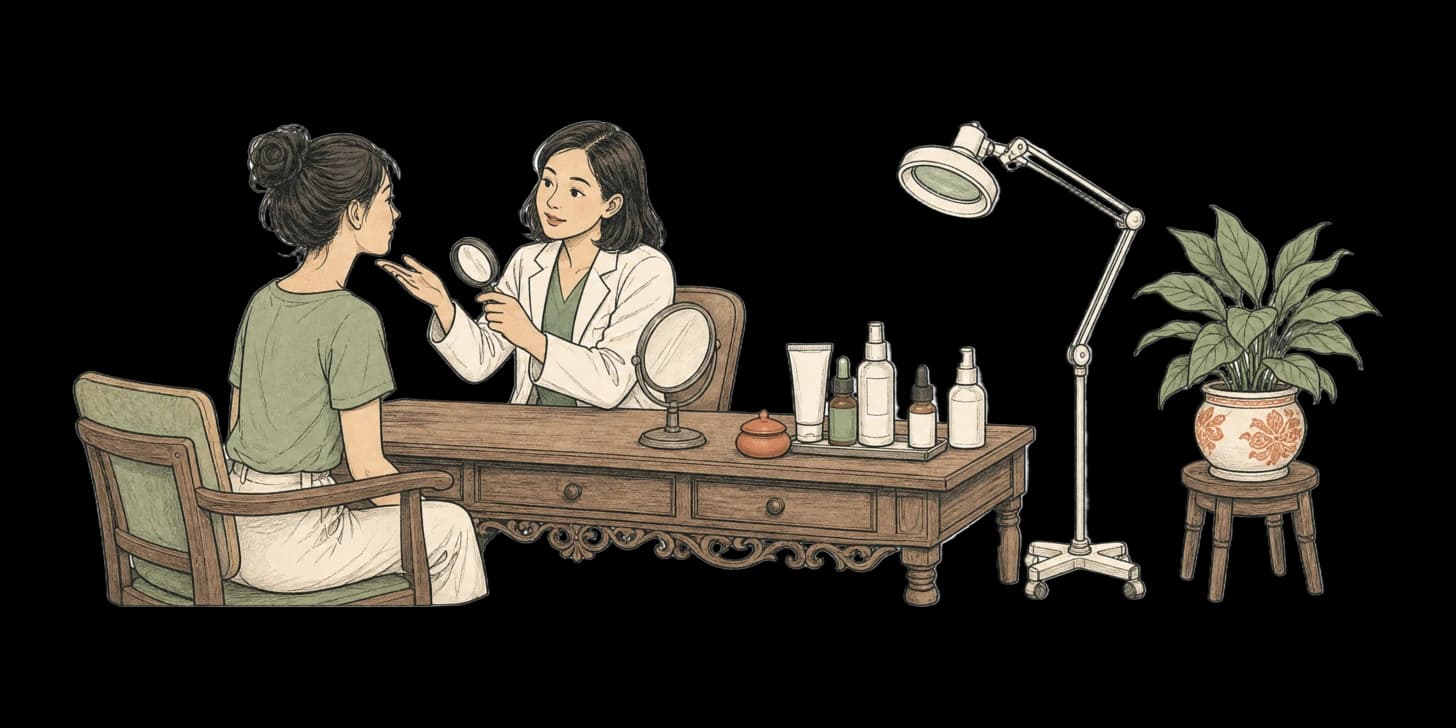 Illustration of a dermatologist examining a patient's shoulder with a dermatoscope in a bright, plant-filled clinic room