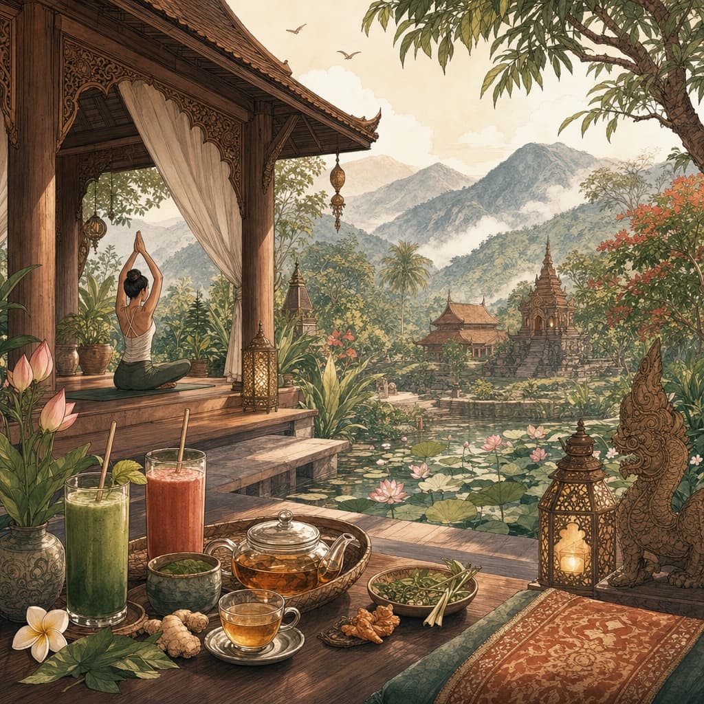 A warm Lanna-style illustration of a serene wellness retreat in the hills with an open-air yoga sala, fresh juices and herbal teas, a lotus pond and misty mountains.