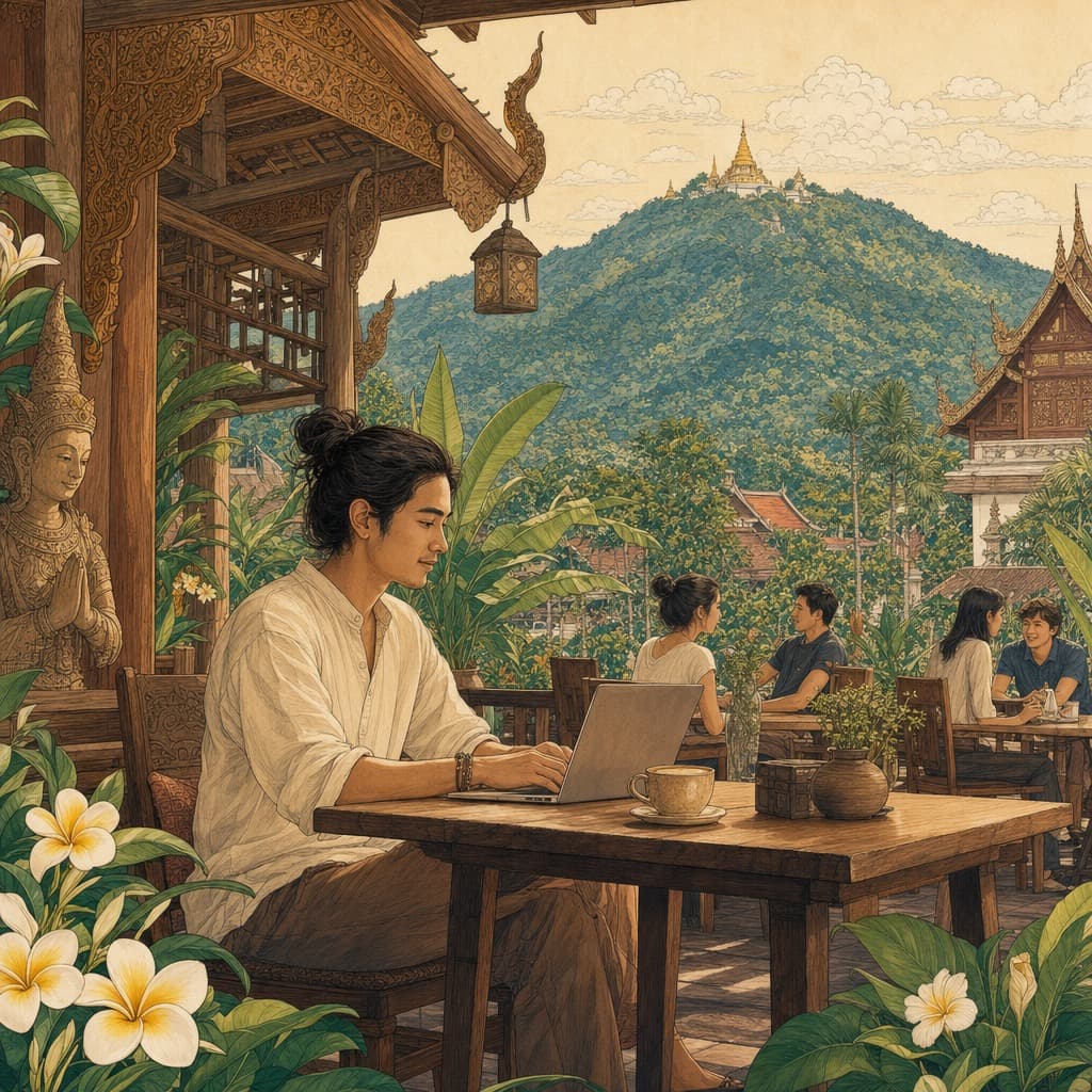 Lanna-style illustration of a digital nomad working on a laptop in a leafy Chiang Mai café with plants, Thai coffee and Doi Suthep mountain behind