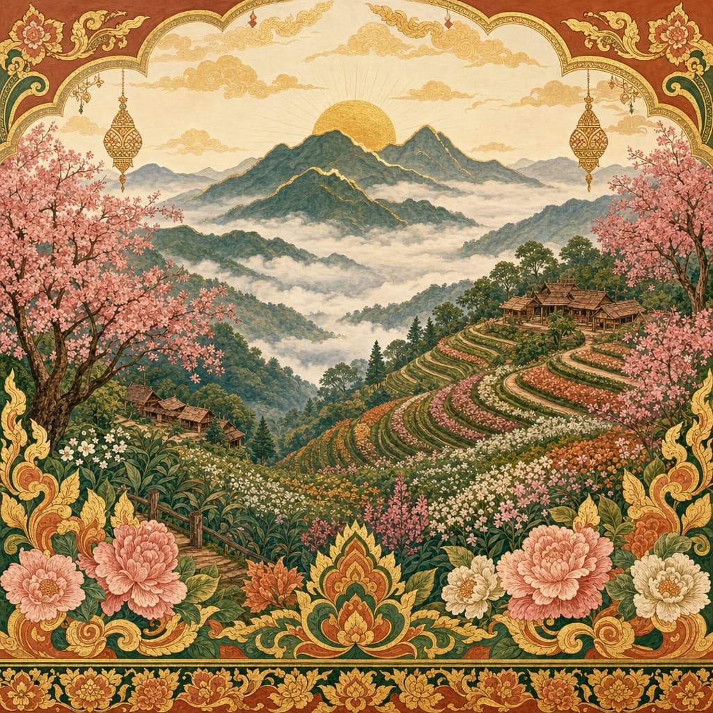 Lanna-style illustration of the Doi Ang Khang highlands — flower terraces, cherry blossoms, a sea of morning fog over the mountains
